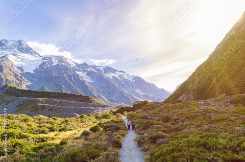 Travelers can seen trekking to the Mount Cook National Park,New Zealand © gracethang
