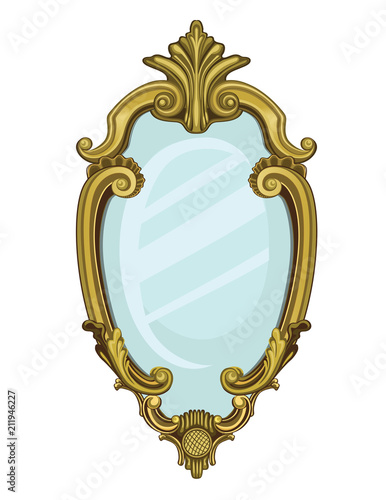 Gold vintage mirror isolated on white background. Vector illustration.