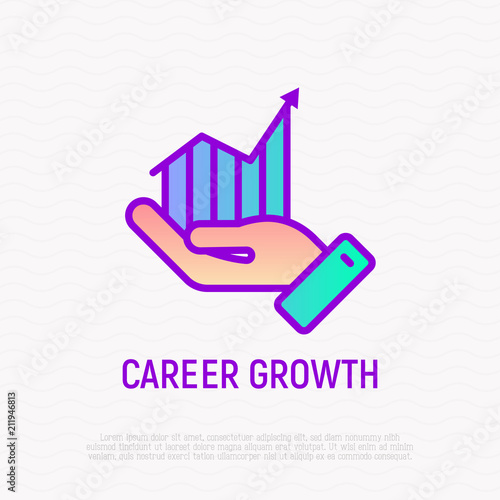 Career growth thin line icon: graph of growth in hand. Modern vector illustration.