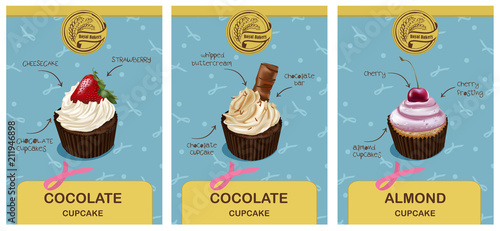 Cupcake.  Cafe, cafeteria, patisserie desserts, bakery menu. Vector stickers, posters for bakery shop desserts price tags.