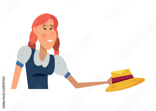 Cartoon farmer woman with peasant hat icon over white background, colorful design. vector illustration