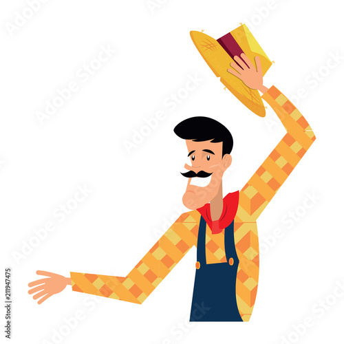 cartoon farmer man with a peasant hat icon over white background, vector illustration