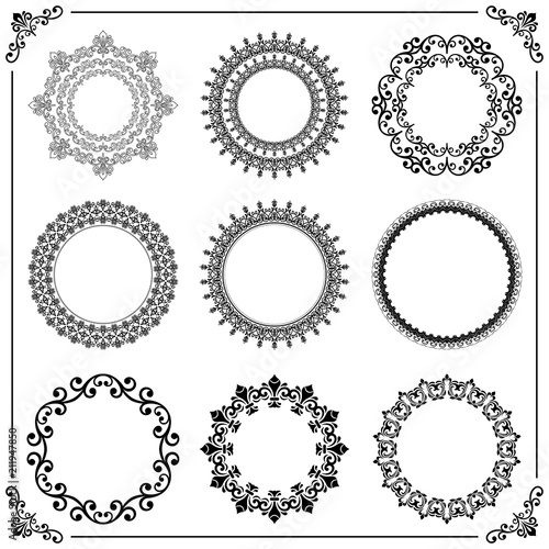 Vintage set of round elements. Different elements for decoration and design frames, cards, menus, backgrounds and monograms. Classic black and white patterns. Set of vintage patterns