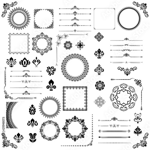 Vintage set of horizontal, square and round elements. Different elements for decoration design, frames, cards, menus, backgrounds and monograms. Classic black and white patterns. Set of vintage