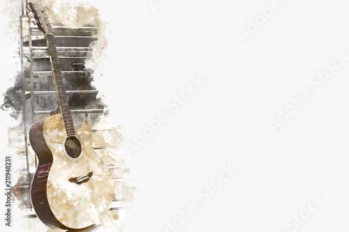 Obraz Abstrakcjonistyczna kolorowa gitara na pierwszym planie na akwareli tła i Cyfrowej ilustraci szczotkuje sztuka.