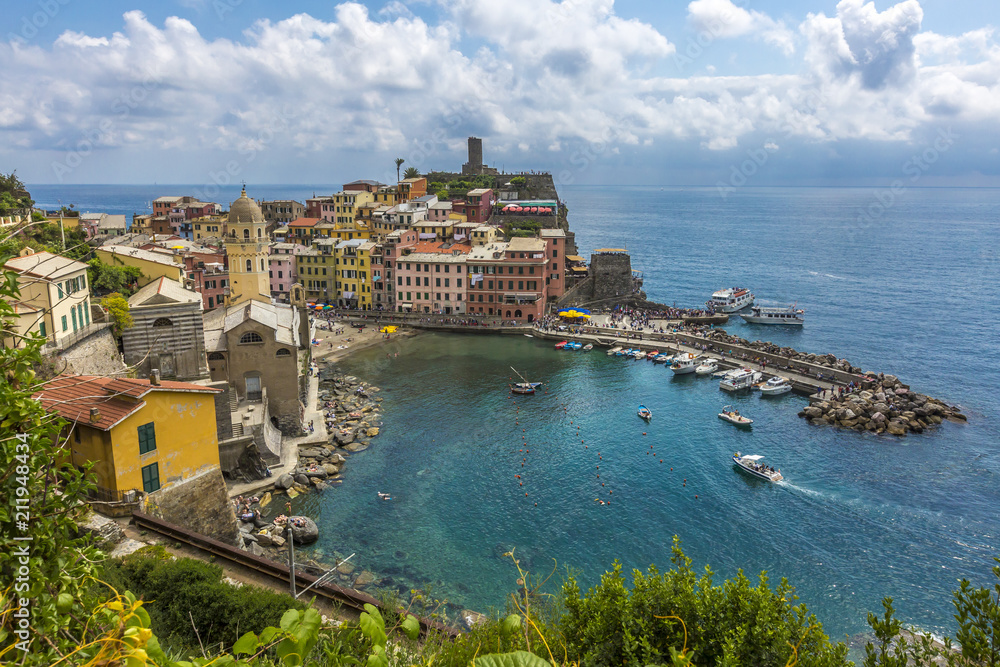 Panoramic aerial view of the port of Vernazza, one of the villages of Cinque Terre in Italy