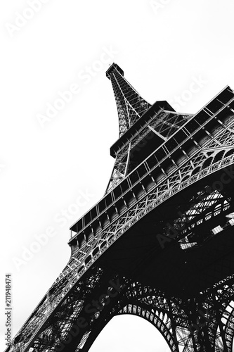 Black and White Eiffel Tower viewed from below against white background