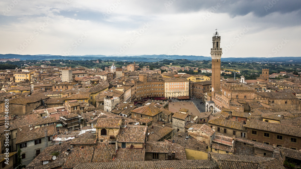 Aerial View of the historic center of Siena, Italy, with Piazza del Campo and Mangia Tower