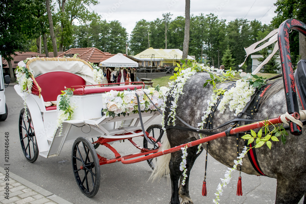 Wedding car with horses decorated with flowers