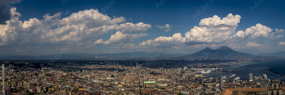 Panoramic view of Naples, Italy, with Mount Vesuvius
