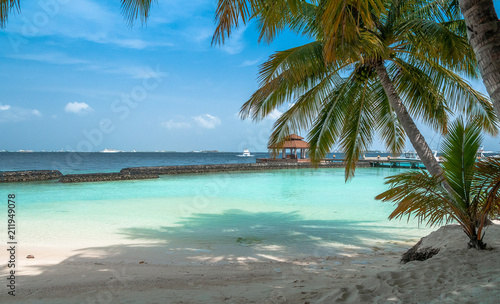 Fototapeta Naklejka Na Ścianę i Meble -  Palm trees making shadow on the beach. Chill out. Maldives 