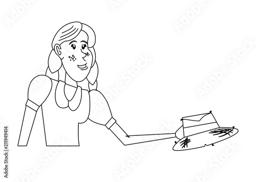 Cartoon farmer woman with peasant hat icon over white background, vector illustration