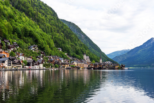 Scenic postcard view of the famous Hallstatt in the Austrian Alps in the summer morning, Salzkammergut district, Austria. View from the south