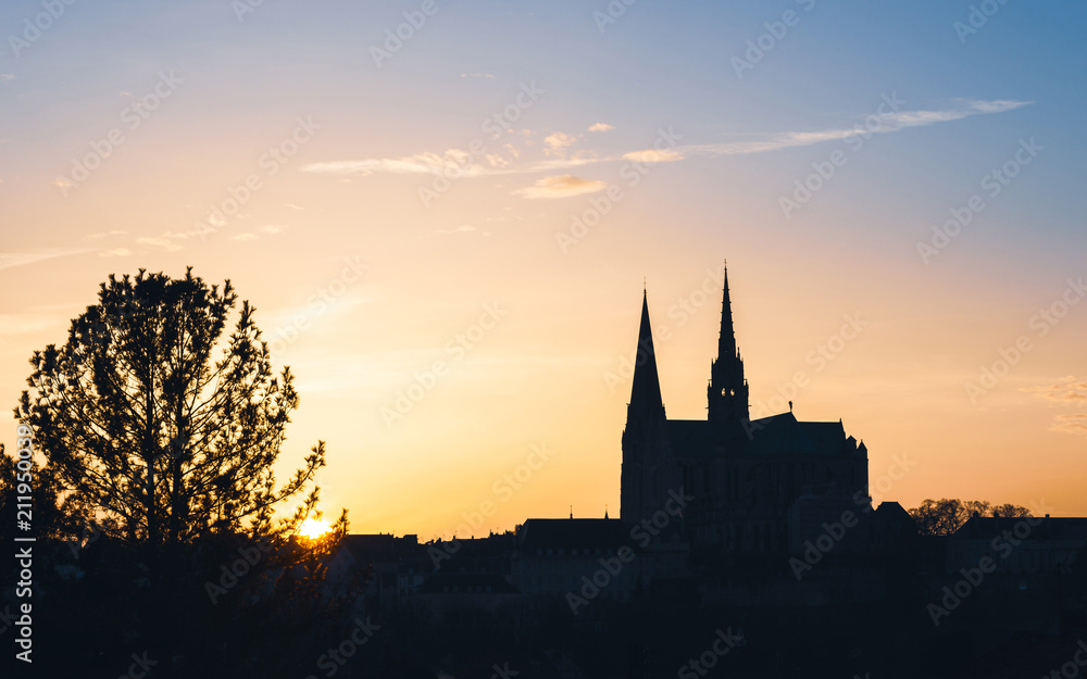 Chartres Cathedral, also called Cathedral of Our Lady of Chartres at sunset in France