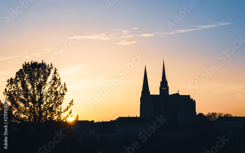 Chartres Cathedral, also called Cathedral of Our Lady of Chartres at sunset in France photo