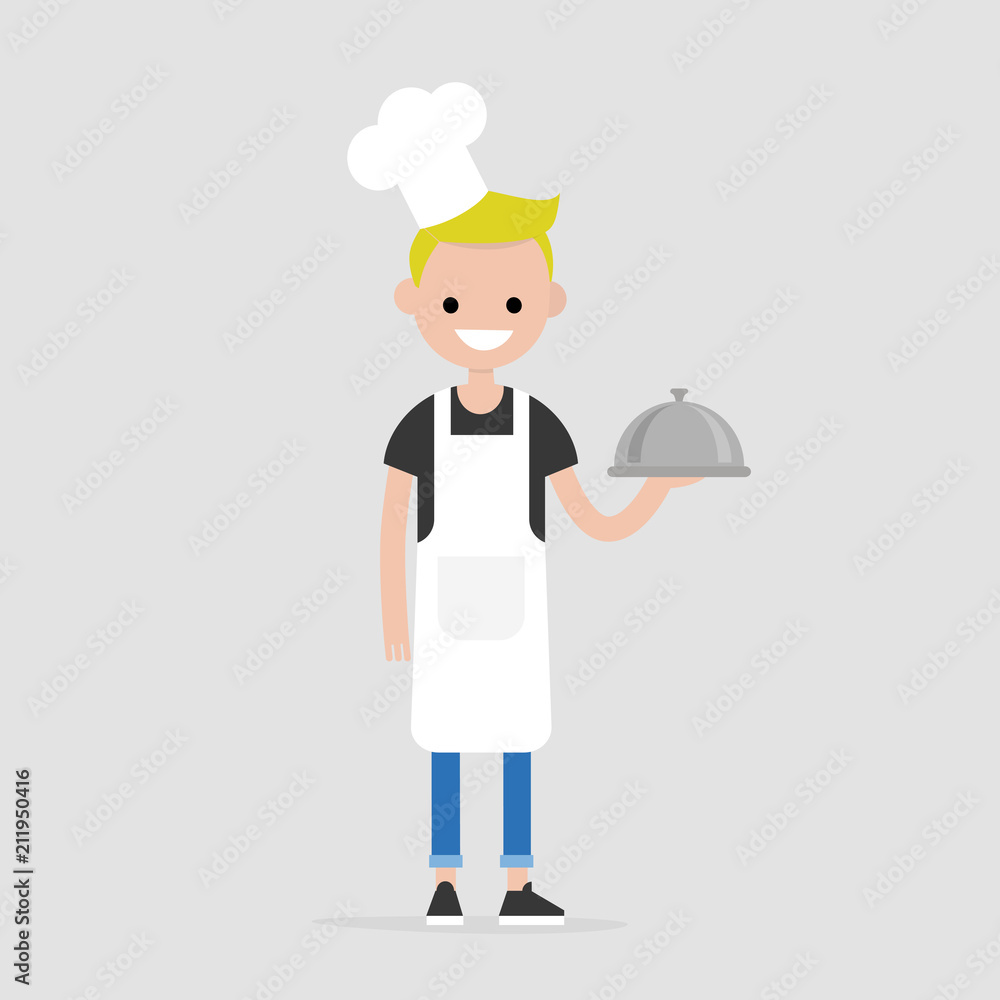 Smiling chef holding a metal cloche. Serving food. Restaurant. Flat editable vector illustration, clip art Smiling chef holding a metal cloche. Serving food. Restaurant. Flat editable vector illustration, clip art