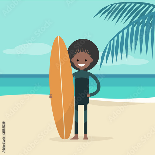 Young happy surfer wearing a wetsuit and holding a surfboard. Summer. Tropical beach. Flat editable vector illustration, clip art