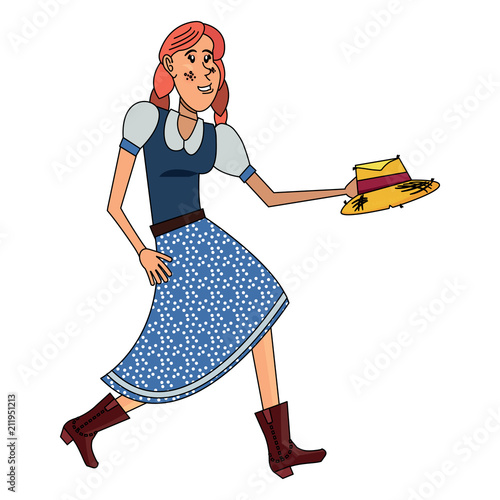 Cartoon farmer woman with peasant hat icon over white background, colorful design. vector illustration