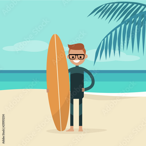 Young happy surfer wearing a wetsuit and holding a surfboard. Summer. Tropical beach. Flat editable vector illustration, clip art