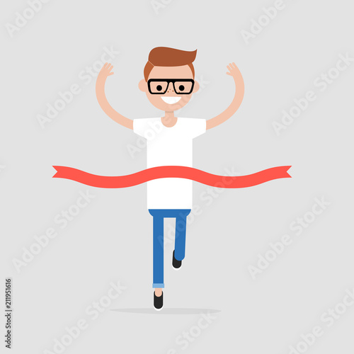 Success. Race winner. Competition concept. Crossing the finish line ribbon. Flat editable vector illustration, clip art