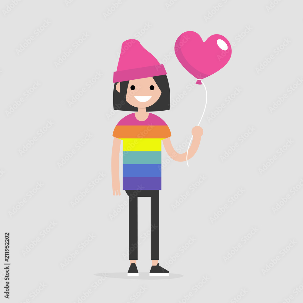 LGBT, LGBTQ+. Young smiling character wearing a rainbow t shirt and holding a heart shape balloon. Flat editable vector illustration, clip art