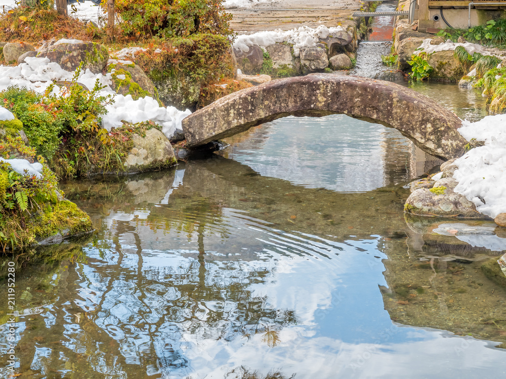 Fototapeta premium Small bridge over canal in Shirakawa, Japan