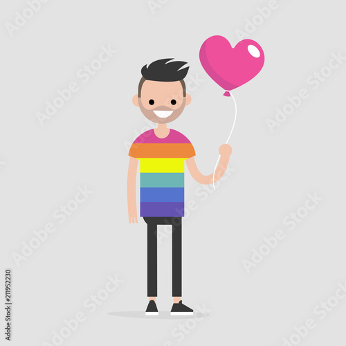 LGBT, LGBTQ+. Young smiling character wearing a rainbow t shirt and holding a heart shape balloon. Flat editable vector illustration, clip art