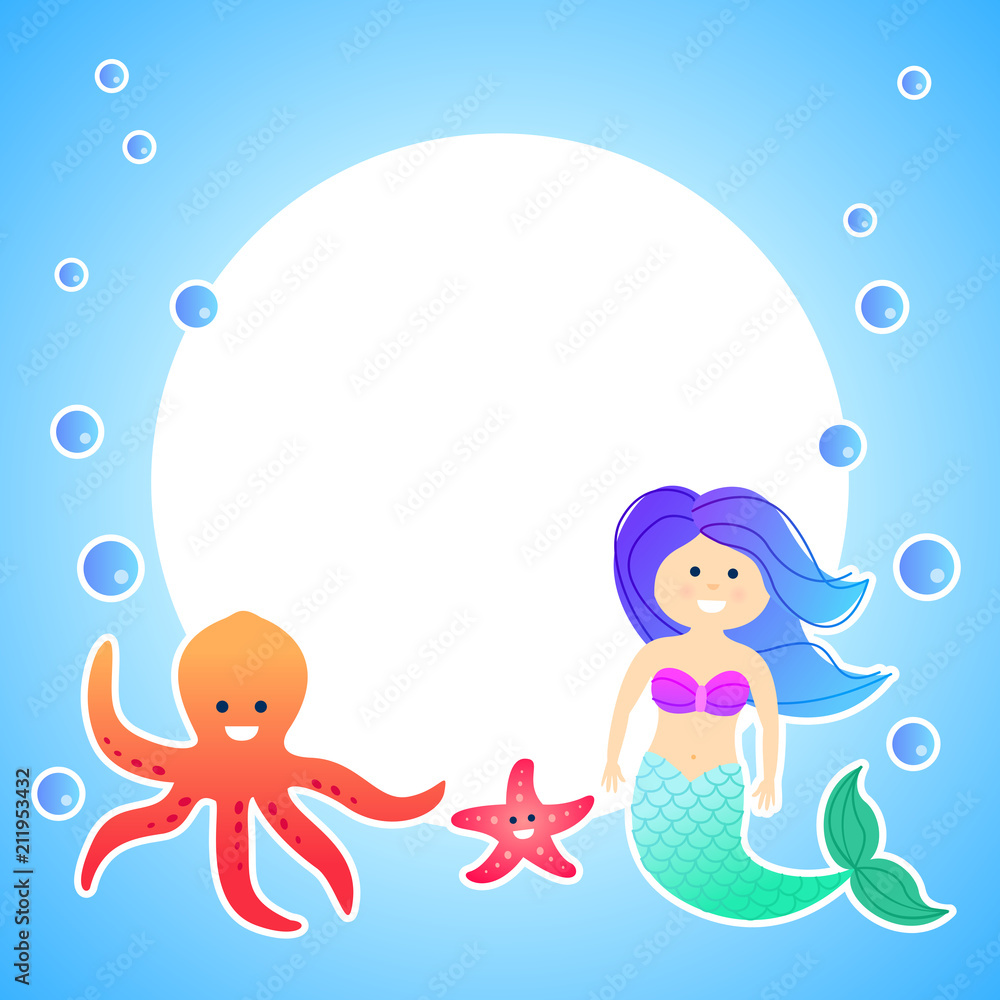Cute invitation card for children with mermaid and octopus, vector frame. Cute invitation card for children with mermaid and octopus, vector frame.
