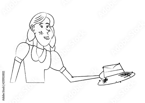 sketch of Cartoon farmer woman with peasant hat icon over white background, vector illustration