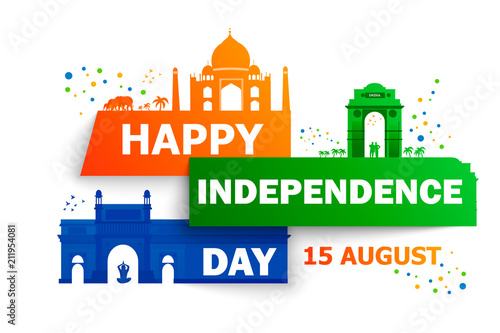 Happy Independence Day of India for 15th August. Famous monument of India in Indian background. Vector illustration EPS10