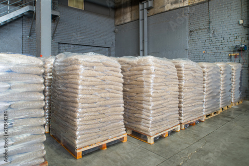 Packing and storage of bio granules. Granulated wooden fuel, bio pellets. 