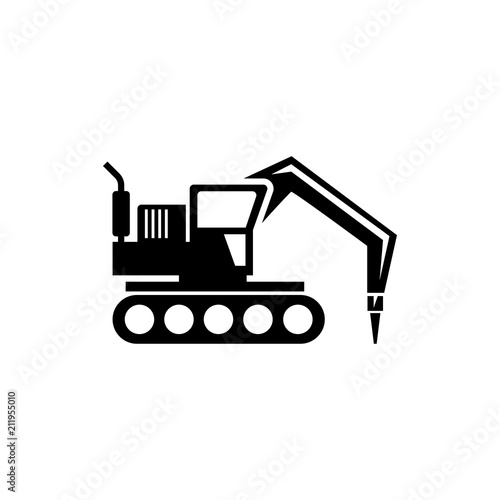 Excavator with Hammer, Drill Machine. Flat Vector Icon illustration. Simple black symbol on white background. Excavator with Hammer, Drill Machine sign design template for web and mobile UI element