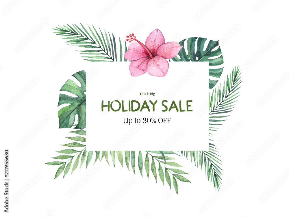 Obraz premium Watercolor illustration. Hello Summer. Botanical label with palm leaves, flowers and branches. Tropical card. Floral Design elements. Perfect for wedding invitations, greeting cards, blogs, posters