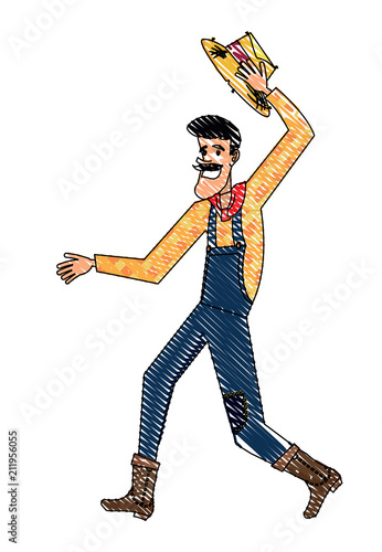 cartoon farmer man with a peasant hat icon over white background, vector illustration