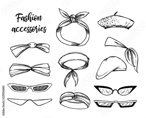 Hand drawn vector illustrations. Sunglasses and headpieces. Fashion accessories. Illustration in sketch style. Vintage decorative design elements.