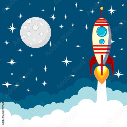 Space rocket flying in space with moon and stars on background print vector illustration