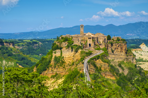 Civita di Bagnoregio, Italy - Panoramic view of historic town of Civita di Bagnoregio with surrounding hills and valleys of Lazio region