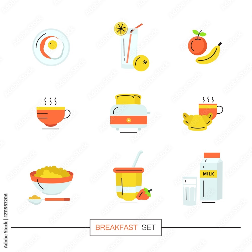Breakfast - set of vector red yellow icons in flat style related to morning meal. Healthy lifestyle collection. Breakfast - set of vector red yellow icons in flat style related to morning meal. Healthy lifestyle collection.