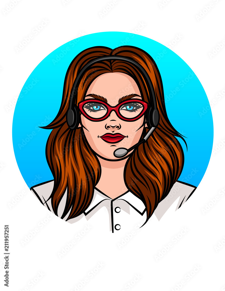 Young attractive woman working in marketing. Portrait of a girl in glasses and headphone Young attractive woman working in marketing. Portrait of a girl in glasses and headphone