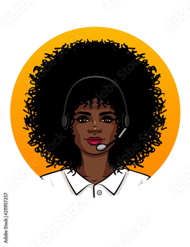 Young attractive woman working like operator in call centre. Portrait of an African American girl with curly hair wearing headphone