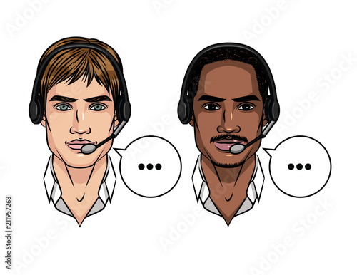 Vector colorful set avatars of men working at contact centre. Portrait of young attractive African American and european guy with headphones