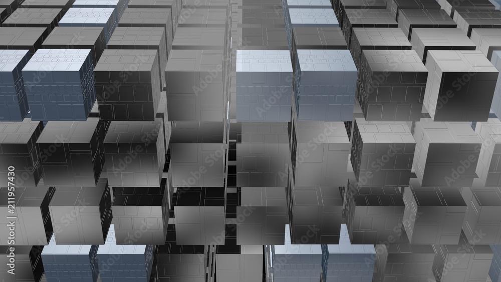 3d geometry techno cubes. Chrome cubes. 3d rendering. Front view 3d geometry techno cubes. Chrome cubes. 3d rendering. Front view