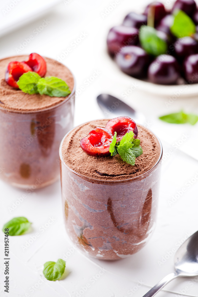 Glasses Of Chocolate Mousse With Organic Cherries Glasses Of Chocolate Mousse With Organic Cherries