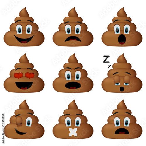 Shit icon set, sleep, shut up, smiling, sad faces poop emoticons isolated on white background