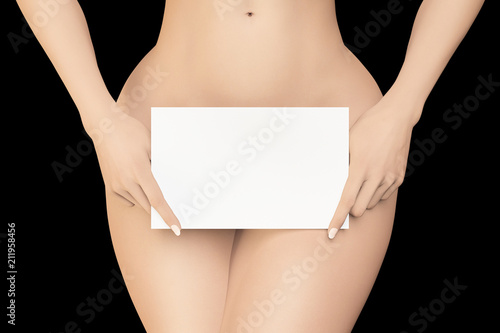 Female covers her pubic area by white empty sign on black background