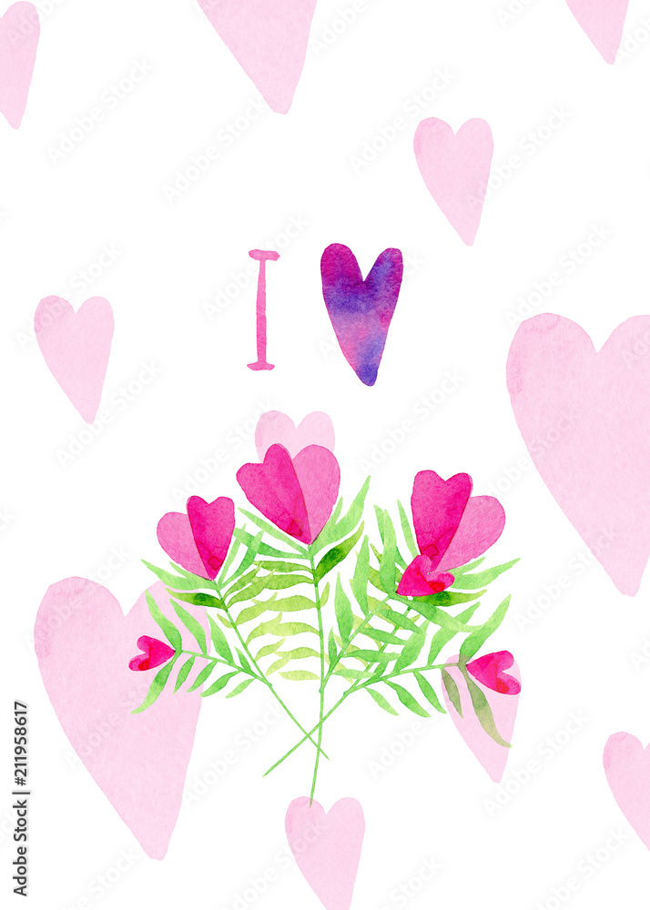 card with bright flowers and hearts on a white background. watercolor illustration