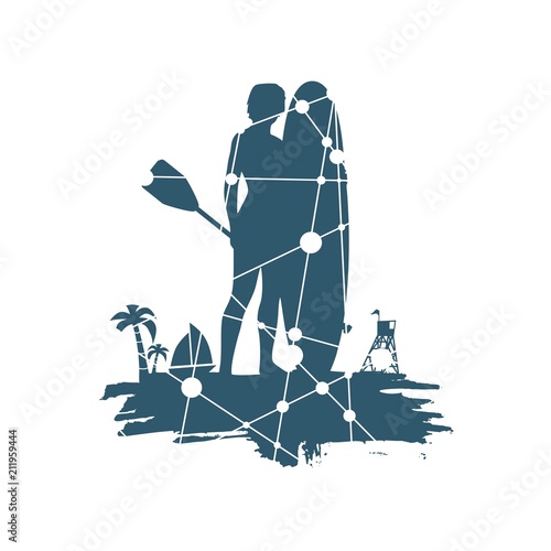 Woman posing with surfboard and paddle on grunge brush stroke. Vintage surfing graphic and emblem for web design or print. Palm and lifeguard tower on backdrop. Stand up paddle boarding