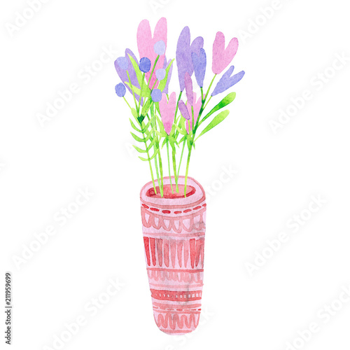 Fototapeta Naklejka Na Ścianę i Meble -  stylized delicate purple and pink flowers in a high vase with ornament. watercolor illustration
