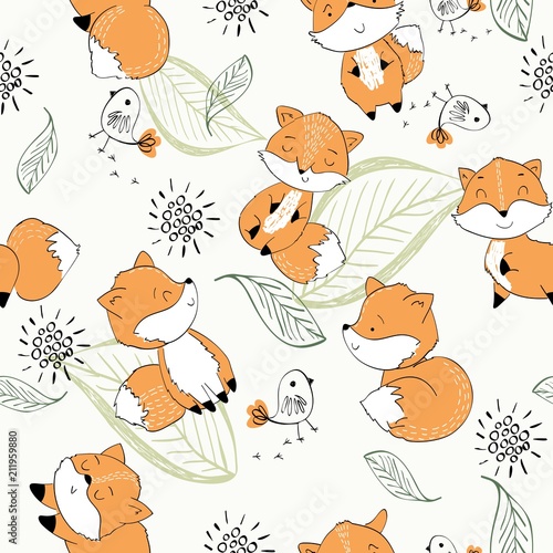 Naklejka Wektorowa ręka rysujący bezszwowy wzór. Kreskówka Lis.