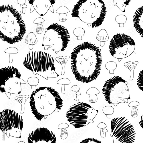 Vector hand drawn seamless pattern with cute hedgehogs